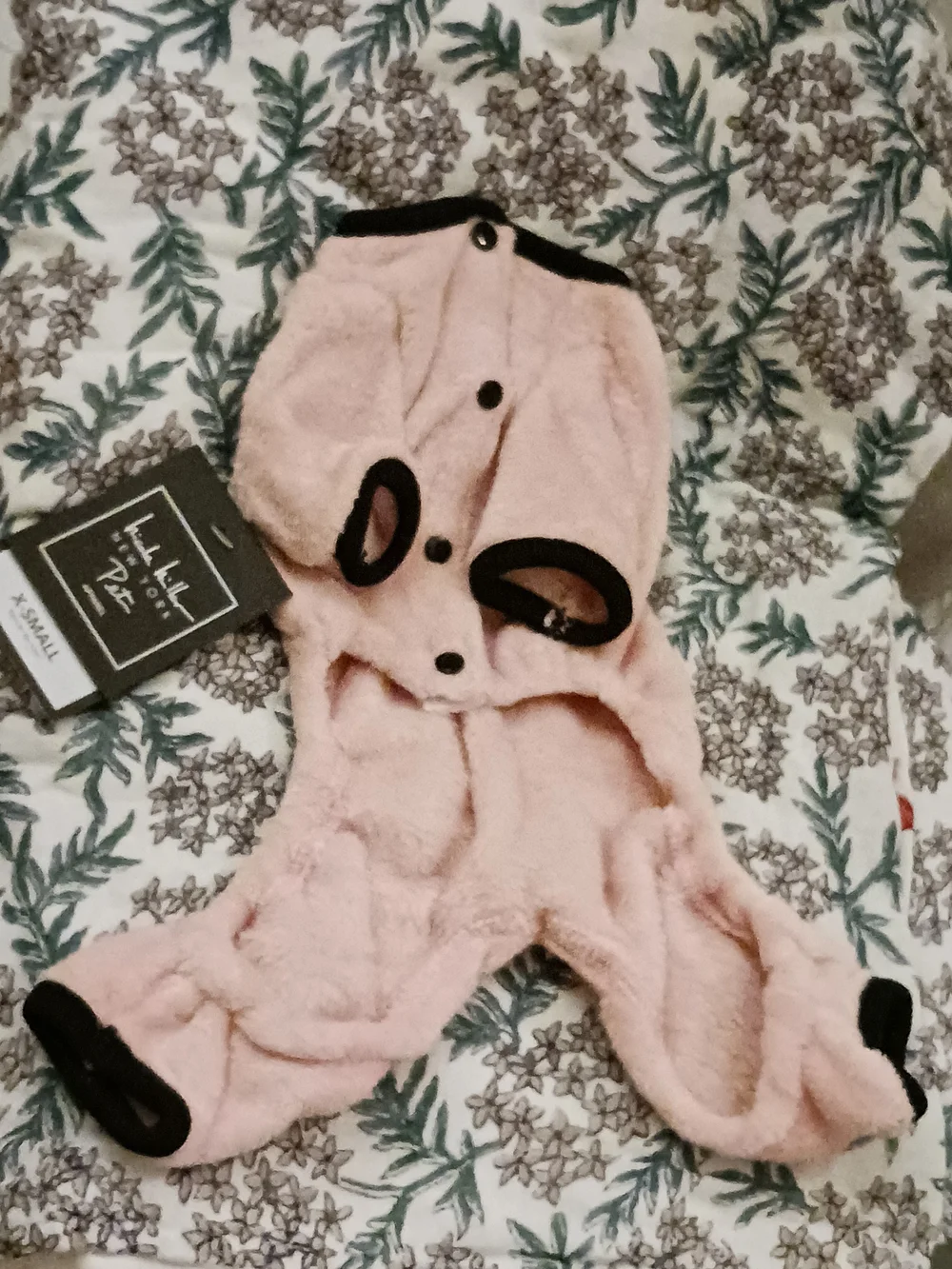 Nicole Miller Soft Pink Plush Fleece Dog Pajamas with Black Trim
